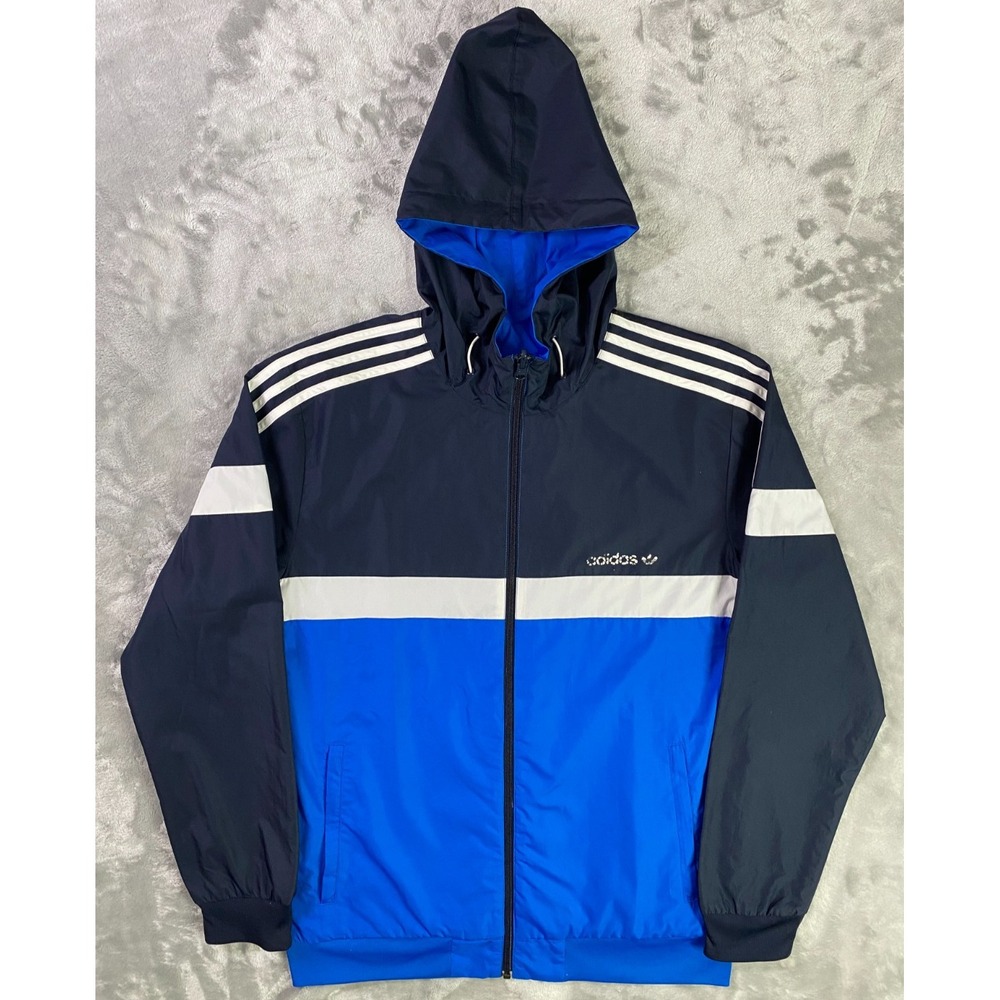 Adidas‎ Itasca Windbreaker Jacket Mens M Blue Reversible Hooded Full Zip Trefoil